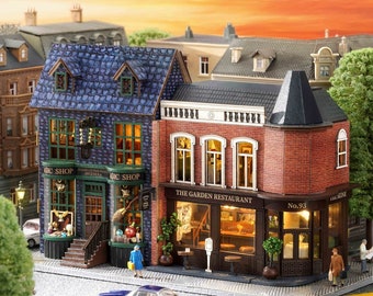SUPER TINY Magic Shop Corner Restaurant DIY Miniature Dollhouse Scenery Kit Mini Magic Europe Town w/ Light Craft in a Box Gift Home Decor