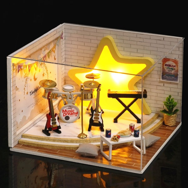 1:32 DIY Miniature Dollhouse Kit Scenery Dream Catcher Music Band on Stage with Light Craft in a Box Adult Craft Model Making Gift Decor