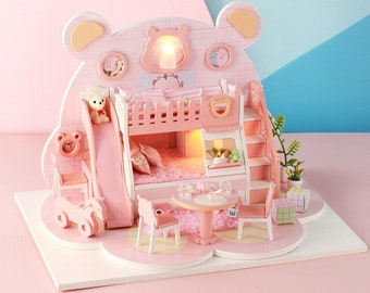 1: 24 DIY Miniature Dollhouse Kit Cartoon Bear Theme Pink Bedroom Bear Dreamworks with Light and Music Box Model Making Craft Supply Gift