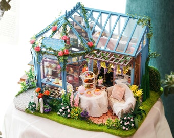 1:24 DIY Miniature Dollhouse Kit Rose Garden Tea House Sunroom Floral Glass Garden Turquoise Cute Room w/ Light Music Box Craft Gift Idea