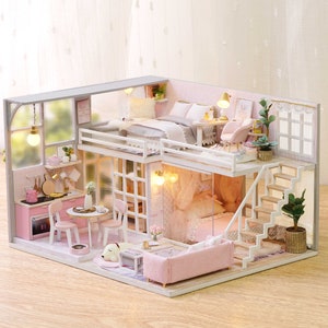 1: 24 DIY Miniature Dollhouse Kit Scenery Girlish Dream Loft Apartment Craft in a Box Pink House with Light Music Box Adult Craft Gift Decor