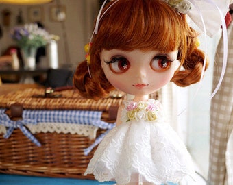 Handmade by Charlie | Flower Series |  Little Fairy White Dress Clothes for Blythe Pullip Dal Jerry Berry 1/6 Doll Clothes Head Band