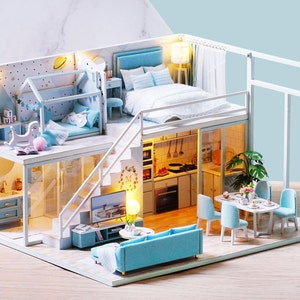 1: 24 DIY Miniature Dollhouse Kit Scenery Proetic Life Loft Apartment Craft in a Box Blue House with Light Music Box Adult Craft Gift Decor