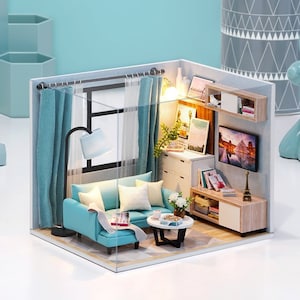 1:24 DIY Miniature Dollhouse Kit Living Room Teal Turquoise Blue Sofa House w/ Light Music Box Scenery Craft Box Idea Handmade Gift Decor image 1