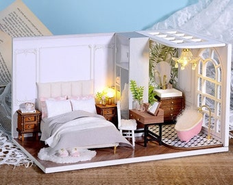 1:32 DIY Miniature Dollhouse Kit Scenery Bedroom with Pink Tub Big Window w/ Light Craft in a Box Model Making Handmade Gift Home Decor