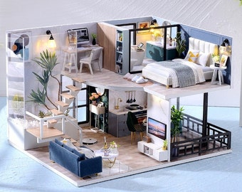 1: 24 DIY Miniature Dollhouse Kit Cozy Time Loft Apartment Scene Blue Modern Room with Light and Music Box Gift Home Decor Diorama Craft