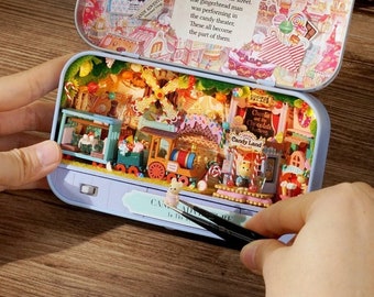 SUPER TINY 1:100 DIY Miniature Dollhouse Kit Tin Box Mini World Fairy Land Garden Cottage Winter Town w/ Light Craft Handmade Gift Decor