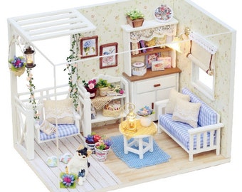 1:24 DIY Miniature Dollhouse Kit Kitten Wooden Swing with Flowers Patio Cottagecore w/ Light Music Box Scenery Craft Handmade Gift Decor