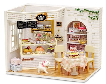 1:24 DIY Miniature Dollhouse Kit Cake Shop Bakery Dessert Kitten Pastry Cafe w/ Light Music Box Scenery Craft Box Handmade Gift Home Decor