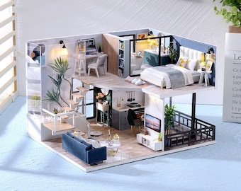 1:32 DIY Miniature Dollhouse Kit Cozy Time Loft Apartment Scene Blue Modern Room w/ Light Music Box Handmade Gift Home Decor Diorama Craft