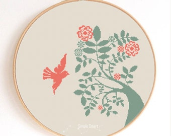 Dove and Tree Bird Silhouette Counted Cross Stitch Pattern Instant Download Abstract