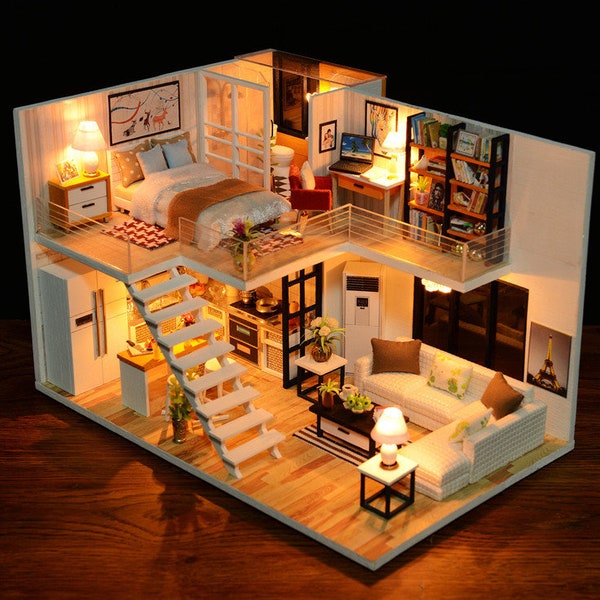 1: 24 DIY Miniatura Paisaje Dollhouse Kit Encantador Pequeño Loft Apartamento Stutio Hogar w / Luz y Music Box Modelo haciendo regalo de suministro artesanal