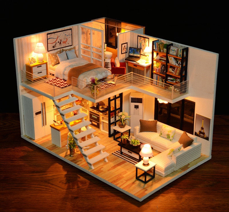 DIY 3D Haus Modell Kit Gewächshaus Miniatur LED Licht Puppen Haus bauen Holz 