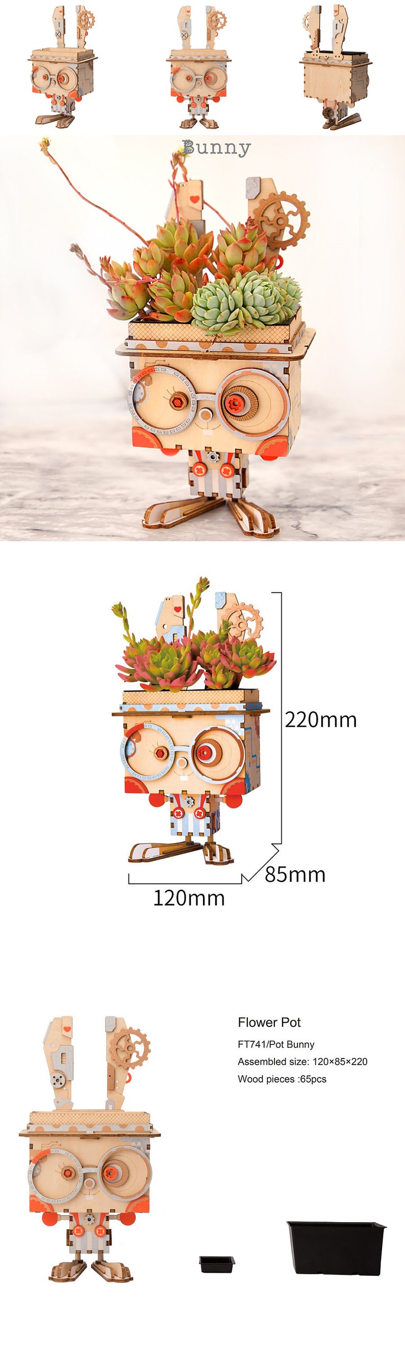 3D Wooden Puzzle DIY Kit Succulent Mini Pot Robot Bunny Puppy Kitty Koala Gift Home Decor Craft Project Toy Pre-cut Model Robotime Pot Bunny