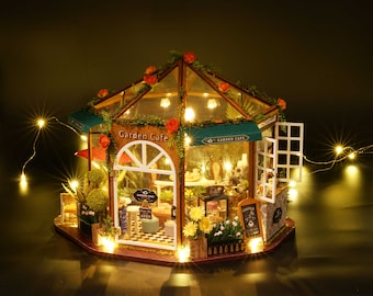 1:24 DIY Miniature Dollhouse Kit Green House Garden Cafe Tea Coffee Cake w/ Light Craft Idea Handmade Gift Home Decor Model Making Scenery