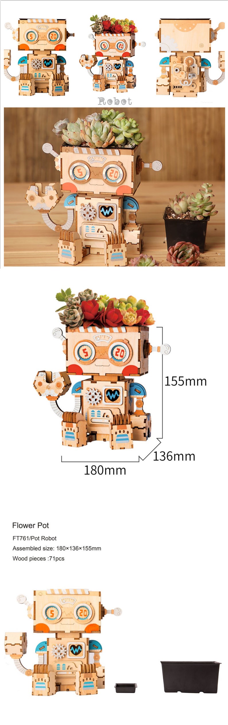 3D Wooden Puzzle DIY Kit Succulent Mini Pot Robot Bunny Puppy Kitty Koala Gift Home Decor Craft Project Toy Pre-cut Model Robotime image 3
