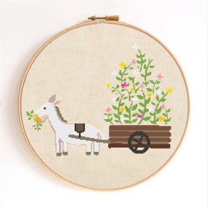 Niedliches Pferd mit Blumenkarren Kreuzstichmuster Zählmuster Instant Download
