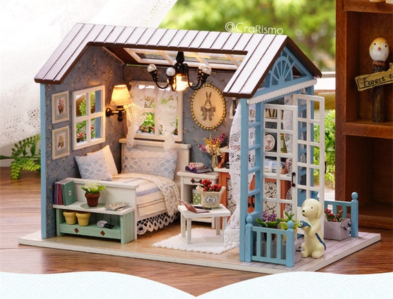 1: 24 DIY Miniature Dollhouse Kit Forest Times Shabby Chic Cottage Cabin  House With Light and Music Box Model Making Craft Supply 