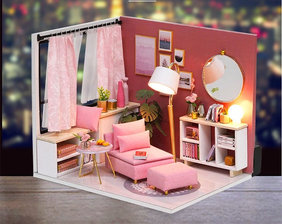 1 24 DIY Miniature Dollhouse Kit Happy Time Girl s Room Lounge Chair Pink House With Light Music Box Scenery Craft Handmade Gift Home Decor Etsy UK