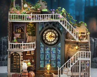 1:24 DIY Miniature Dollhouse Kit Magic House Stained Glass Clock Window w/ Light Craft Gift Decor Model Making Magical World Scenery