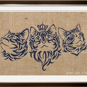 May include: Three stylized blue cat heads with a crown on the middle cat. The cat heads are on a burlap background.