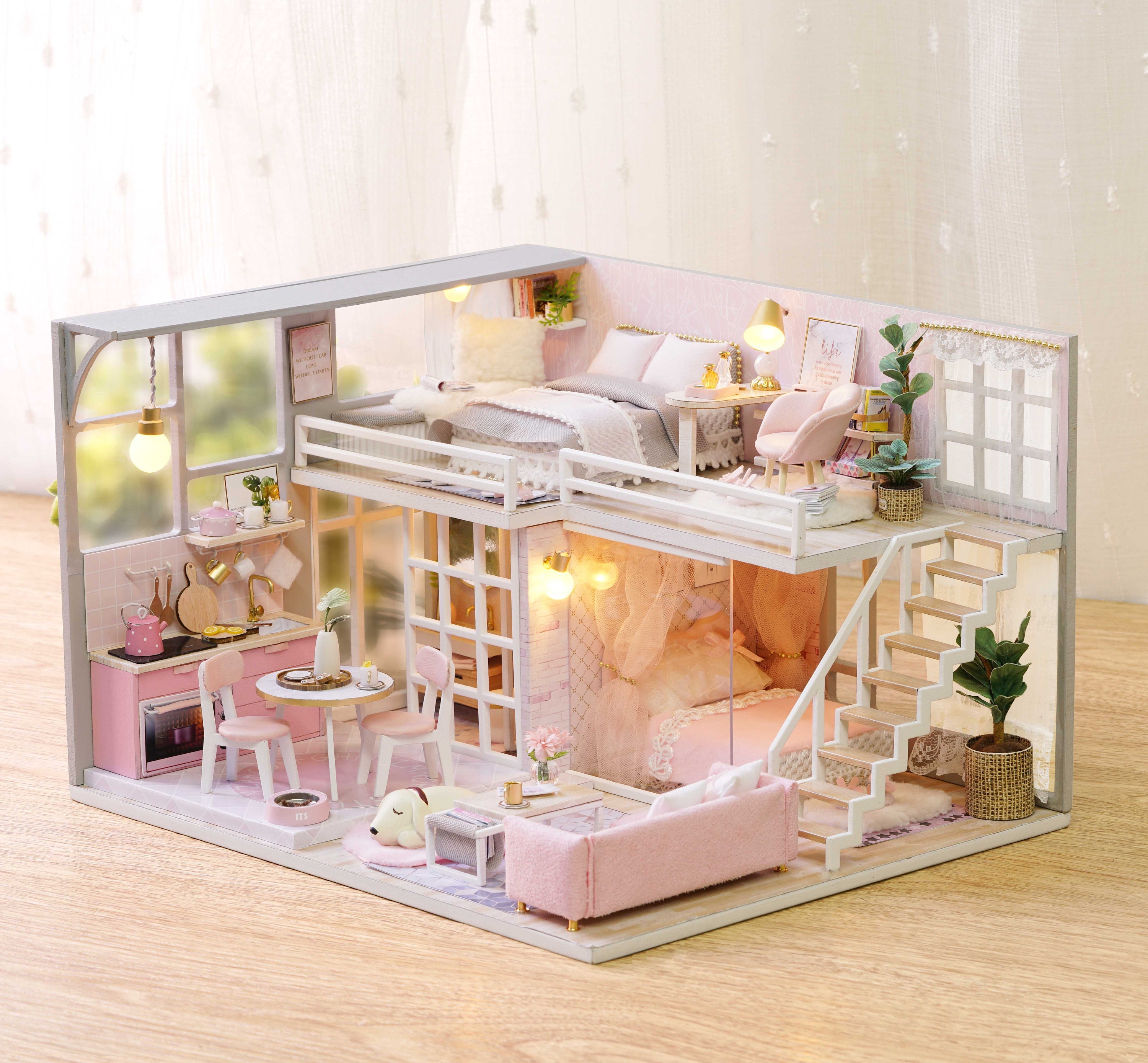 1: 24 DIY Miniature Dollhouse Kit Scenery Girlish Dream Loft Apartment  Craft in a Box Pink House With Light Music Box Adult Craft Gift Decor -   Denmark