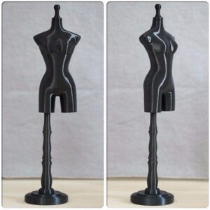 May include: A black mannequin torso on a black stand. The mannequin is made of plastic and has a smooth, glossy finish. The stand has a round base and a fluted column.