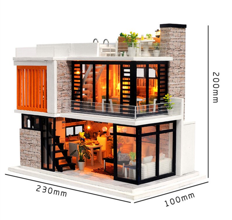 May include: A miniature dollhouse model of a modern two-story house with a white exterior, black windows, and a stone facade. The house has a balcony, a rooftop terrace, and a small pool. The dollhouse is 230 mm wide, 200 mm tall, and 100 mm deep.