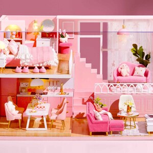1: 24 DIY Miniature Dollhouse Kit Scenery My Little Warm Moment Loft Apartment Craft in a Box Pink House with Light Music Gift Home Decor