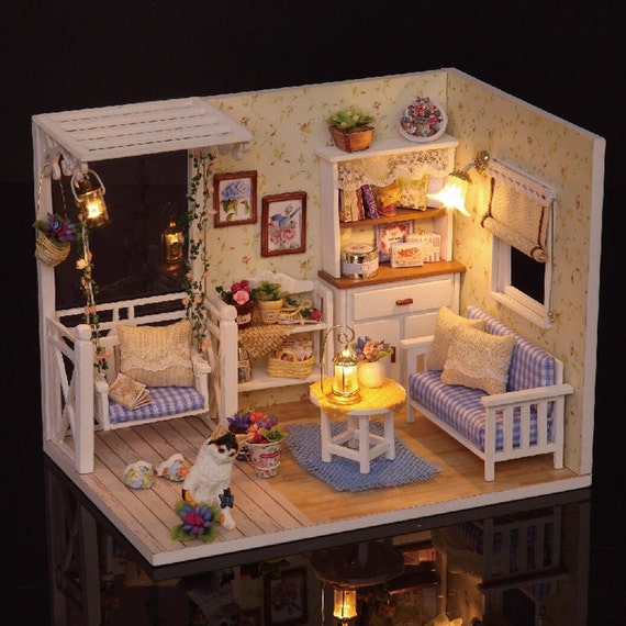 Miniature Dollhouse Diy Kit Kitten Diary Room With A Swing With Light And Music Box Cute Room House Model
