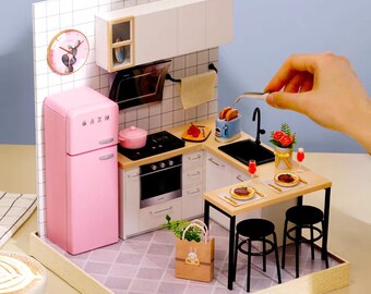 1:32 DIY Miniature Dollhouse Kit Pink Sweet Home Kitchen Bedroom Living Room Study Room w/ Light Craft in a Box Model Making Gift Girl Decor