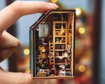 SUPER TINY 1:100 DIY Miniature Dollhouse Kit Building Block Town Module Stacking Mini Rooms Library w/ Light Craft Handmade Gift Home Decor