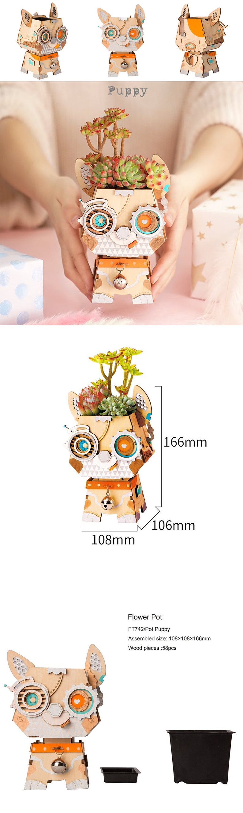 3D Wooden Puzzle DIY Kit Succulent Mini Pot Robot Bunny Puppy Kitty Koala Gift Home Decor Craft Project Toy Pre-cut Model Robotime Pot Puppy