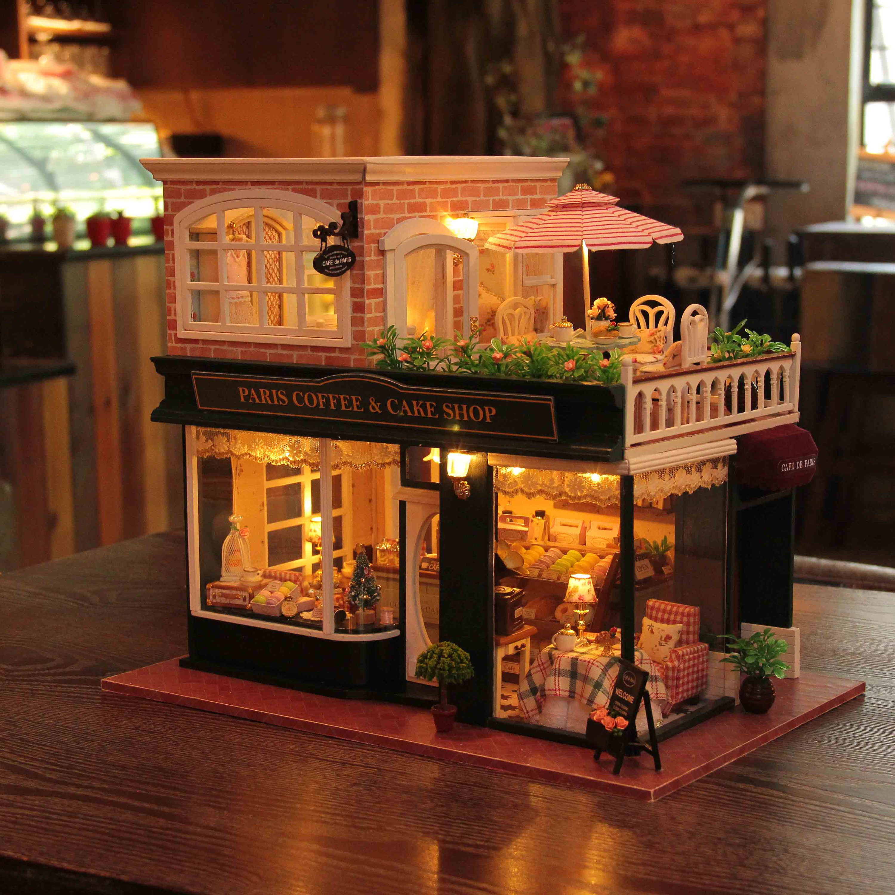 DIY Wooden Miniature Coffee Shop Flower House Dollhouse Furniture LED Kits Gift 