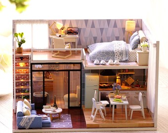 1 24 DIY Miniature Dollhouse Kit Blue Times Loft Apartment Scene