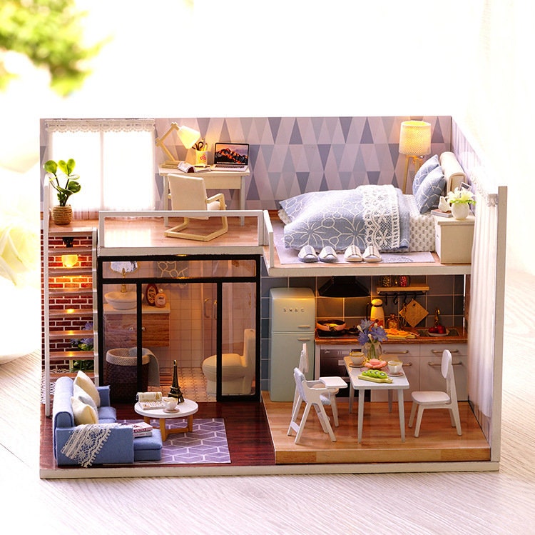 1:24 DIY Handgefertigte Puppenhaus Kit Mini Dollhouse aus Holz,mit LED Licht 