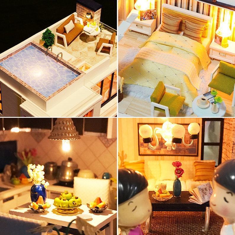 May include: A miniature dollhouse with multiple rooms, including a kitchen, living room, and bedroom. The dollhouse features a rooftop pool, a balcony, and a variety of furniture and accessories. The dollhouse is made of wood and painted in a light color.