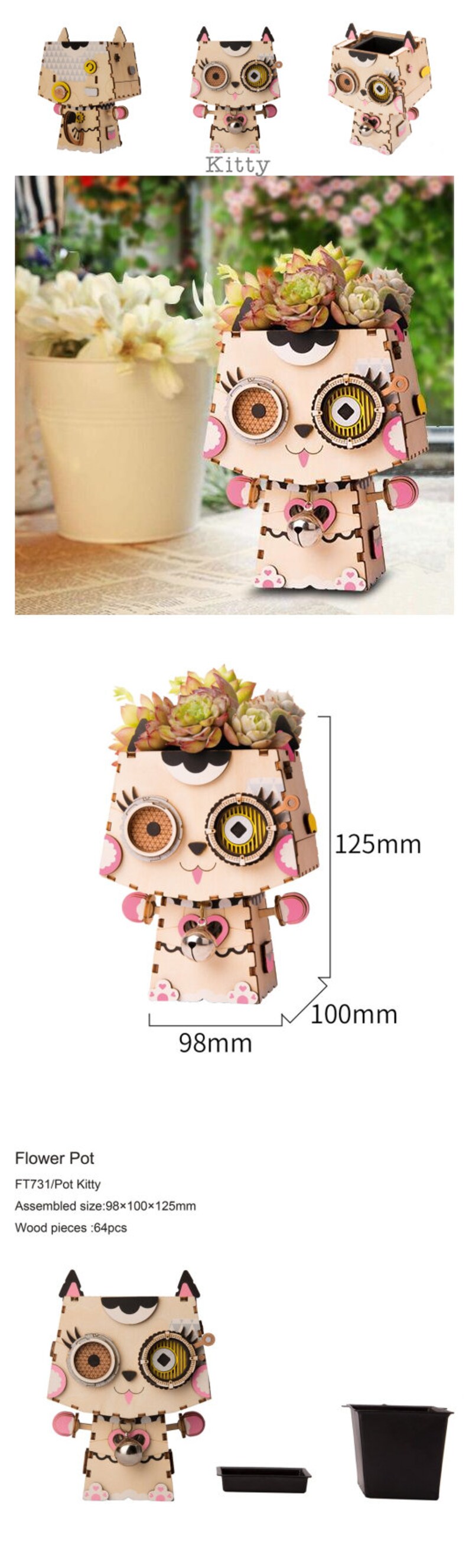 3D Wooden Puzzle DIY Kit Succulent Mini Pot Robot Bunny Puppy Kitty Koala Gift Home Decor Craft Project Toy Pre-cut Model Robotime image 4