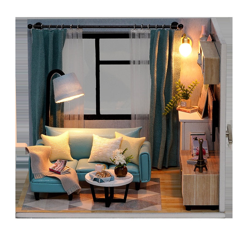 1:24 DIY Miniature Dollhouse Kit Living Room Teal Turquoise Blue Sofa House w/ Light Music Box Scenery Craft Box Idea Handmade Gift Decor image 8