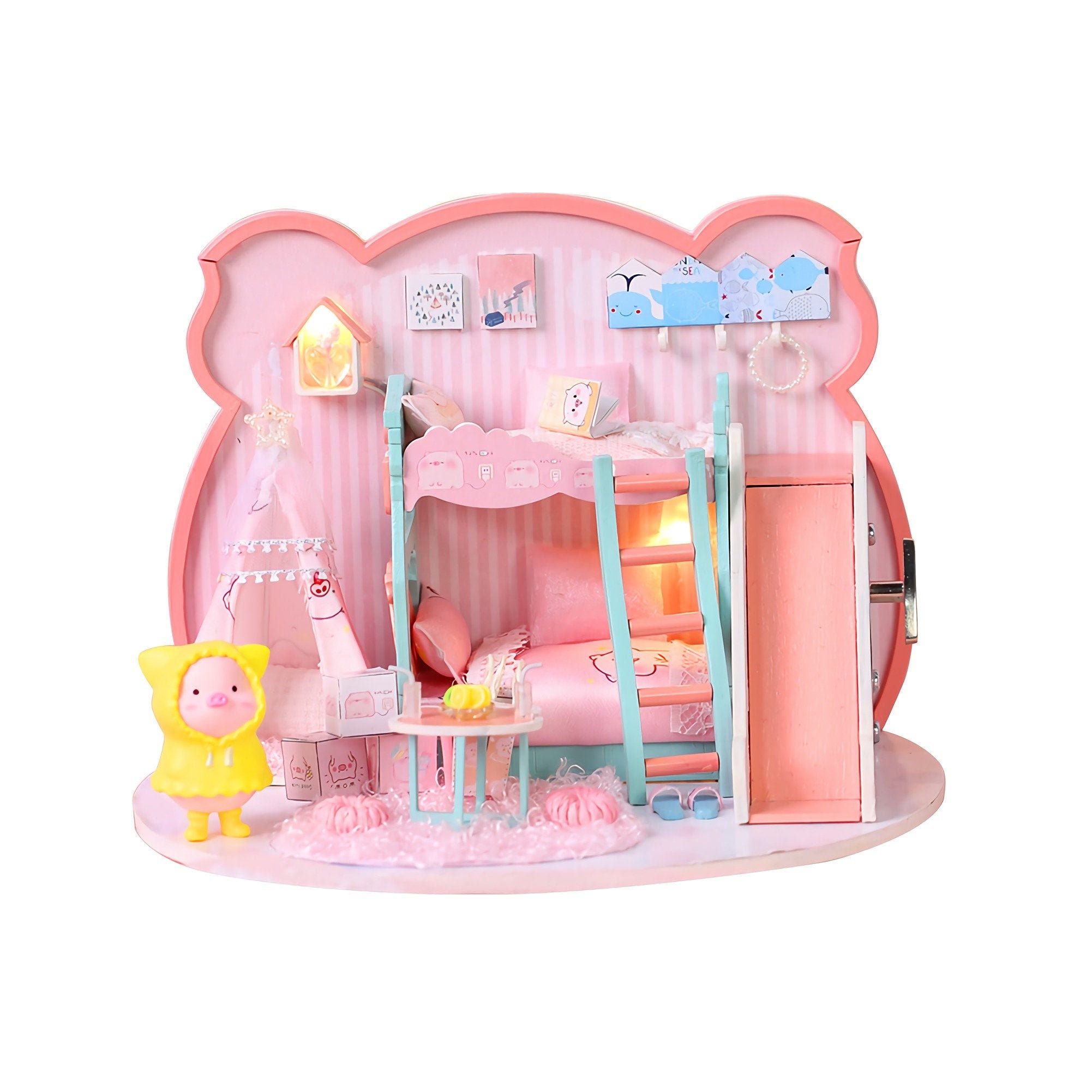 1:24 DIY Miniature Dollhouse Kit Cartoon Piggy Girl Theme Pink Bedroom with Light and Music Box Model Making Craft Supply Gift for Girl