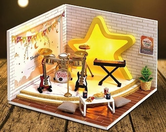 1:32 DIY Miniature Dollhouse Kit Scenery Dream Catcher Music Rock Band on Stage w/ Light Craft in a Box Model Making Handmade Gift Decor