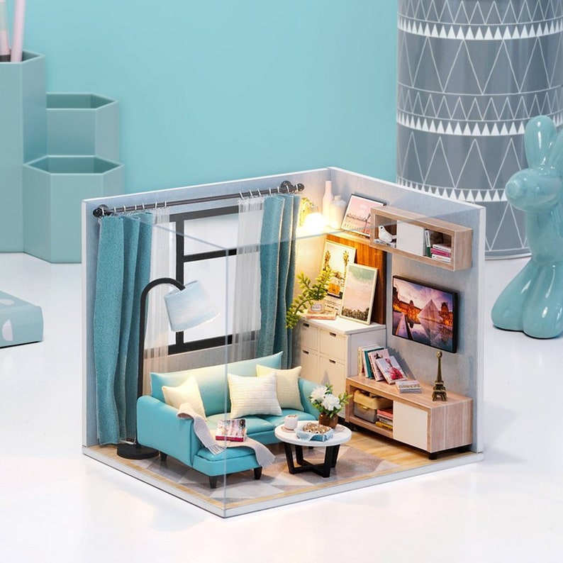 1:24 DIY Miniature Dollhouse Kit Living Room Teal Turquoise Blue Sofa House w/ Light Music Box Scenery Craft Box Idea Handmade Gift Decor image 1