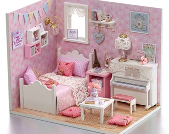 1:24 DIY Miniature Dollhouse Kit Pink Princess Bedroom White Piano w/  Light Music Box Scenery Craft Box Handmade Gift Home Decor Girly