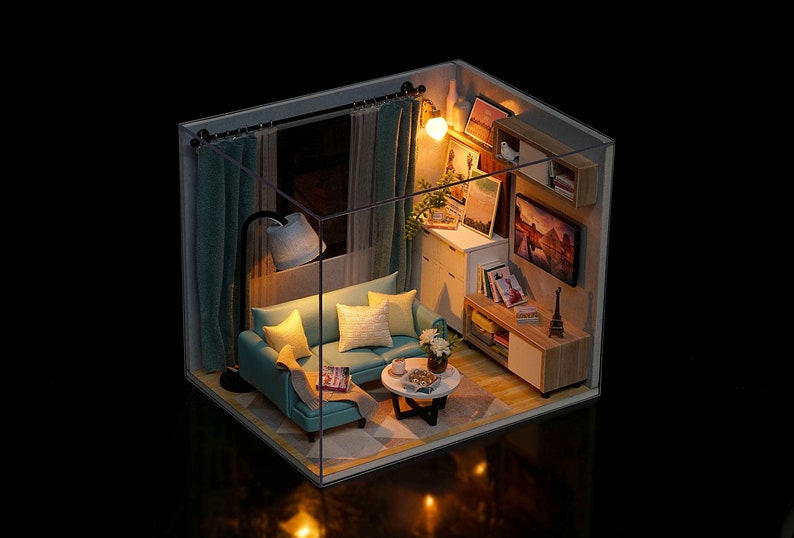 1:24 DIY Miniature Dollhouse Kit Living Room Teal Turquoise Blue Sofa House w/ Light Music Box Scenery Craft Box Idea Handmade Gift Decor image 9