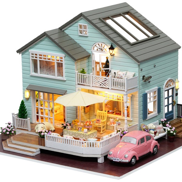 1: 24 DIY Miniature Dollhouse Kit Queenstown Suburban House Car Afternoon Tea Time Patio Pink Car Cute Room with Light and Music Box