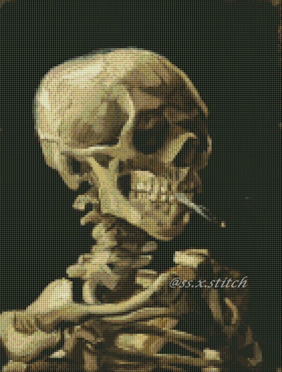 Skull with Burning Cigar Vincent van Gogh Fine Art Counted Cross Stitch Pattern