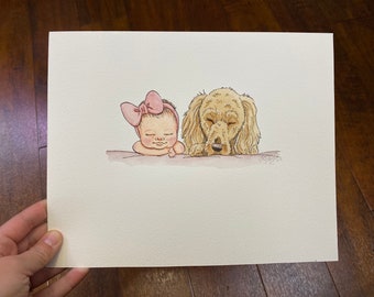 May include: Watercolour painting of a baby girl with a pink bow and a golden doodle dog sleeping next to each other.