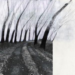 May include: A black and white drawing of a winding dirt road leading through a forest of bare trees. The trees are drawn with a textured, brushstroke style, and the road is lined with fallen leaves.