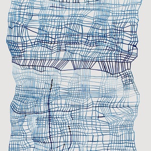 May include: Abstract blue and white grid pattern with a textured, woven look. The grid is made up of thin lines that create a series of squares and rectangles. The pattern is reminiscent of a woven fabric or a piece of netting.