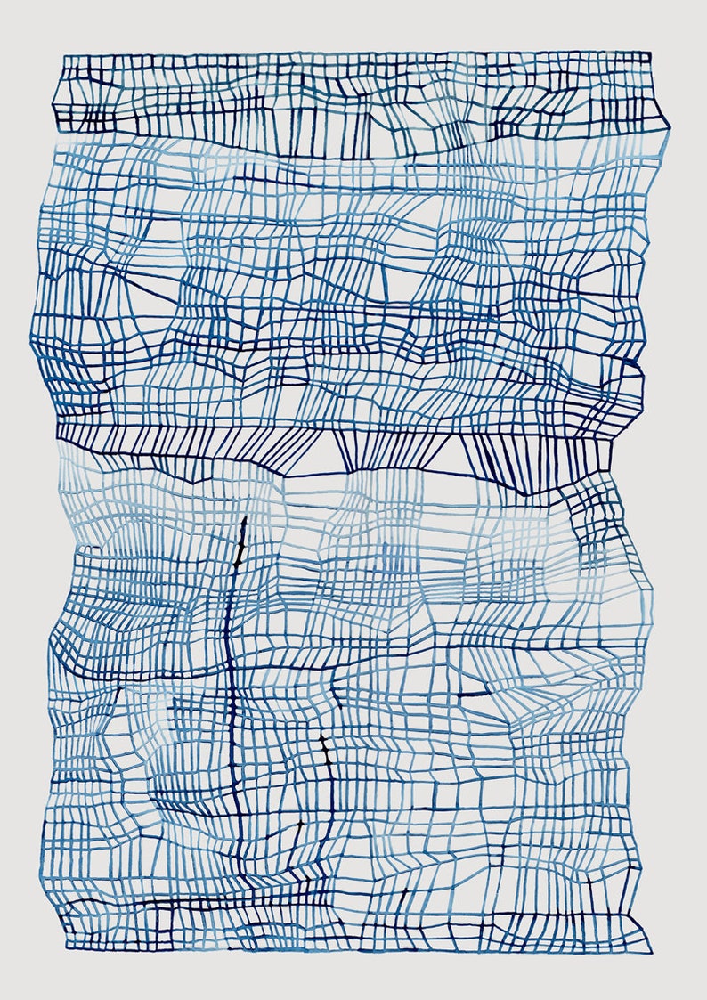 May include: Abstract blue and white grid pattern with a textured, woven look. The grid is made up of thin lines that create a series of squares and rectangles. The pattern is reminiscent of a woven fabric or a piece of netting.